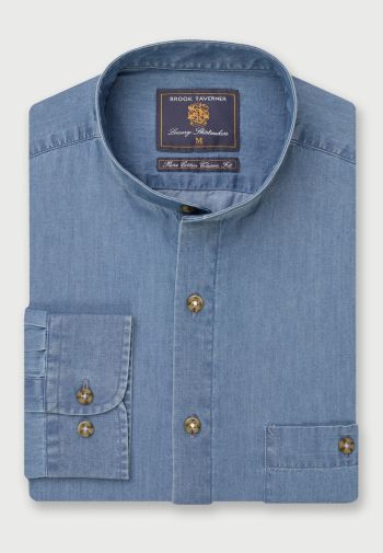 Regular and Tailored Fit Light Blue Chambray Grandad Collar Cotton Shirt