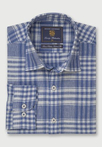 Regular Fit Ecru and Blue Check Linen Cotton Shirt