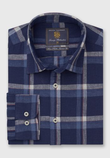 Tailored Fit Ecru and Blue Check Linen Cotton Shirt