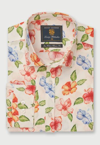 Regular Fit Blue, Rose and Peach Tropical Flower Print Cotton Shirt