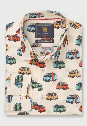 Regular Fit Cream with Multicoloured Van and Surfboard Print Cotton Shirt