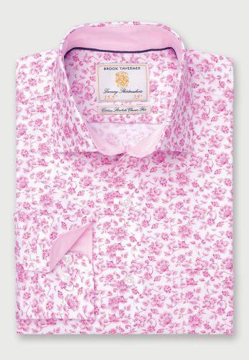 Regular Fit Pink Flower Print Stretch Cotton Shirt