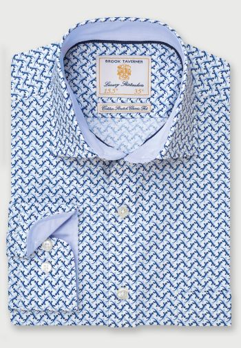 Blue and Light-Blue Gecko Print Stretch Cotton Shirt