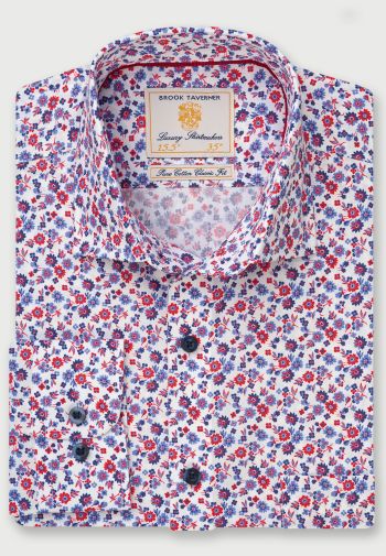 White with Navy, Blue and Red Flower Print Stretch Cotton Shirt