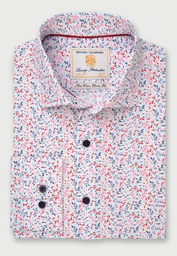 White with Navy, Red, Pink and Blue Leaf Print Cotton Shirt