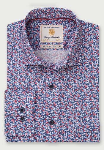 Blue with Red and White Rose Print Cotton Shirt