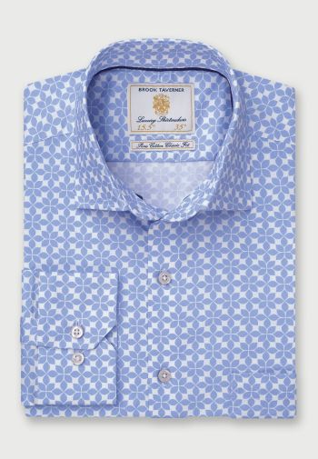 Regular Fit Blue and Ecru Pattern Cotton Shirt