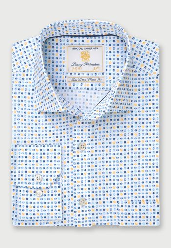 White with Navy, Blue and Yellow Pattern Cotton Shirt