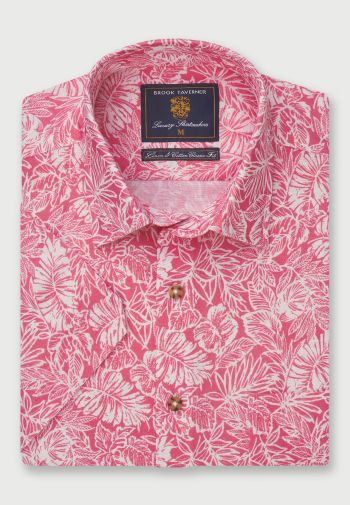 Regular Fit Rose Leaf Print Short Sleeve Linen Cotton Shirt