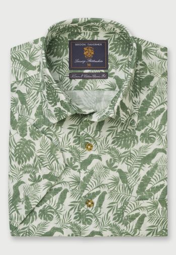 Regular Fit Sage Leaf Print Print Short Sleeve Linen Cotton Shirt