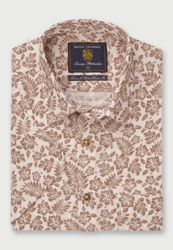 Regular Fit Coffee Leaf Print Short Sleeve Linen Cotton Shirt