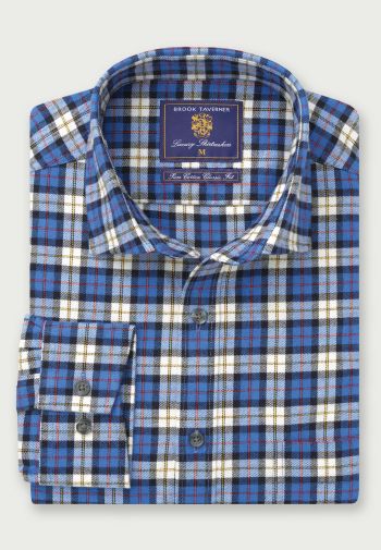 Regular Fit Blue Check Brushed Cotton 33.5" Sleeve Cotton Shirt