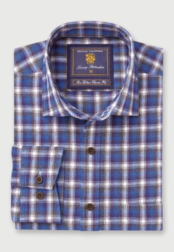 Blue with Navy and White Check Melange Cotton 33.5" Sleeve Cotton Shirt