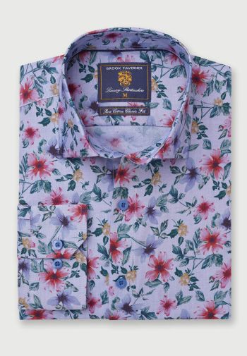 Regular and Tailored Fit Ice Blue Floral Print Cotton Shirt