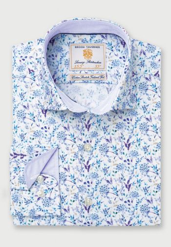 Tailored Fit Blue and Purple Print Cotton Stretch Shirt