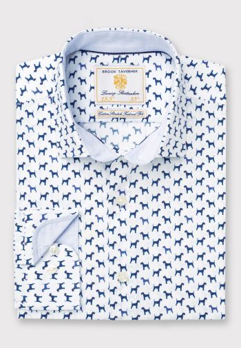 Tailored Fit Navy Terrier Print Cotton Stretch Shirt