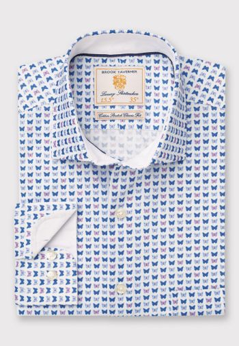 Tailored Fit Blue Butterfly Print Cotton Stetch Shirt