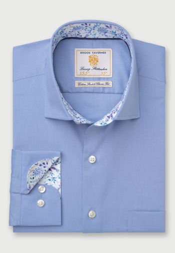 Regular and Tailored Fit Mid Blue Herringbone Cotton Stretch Shirt