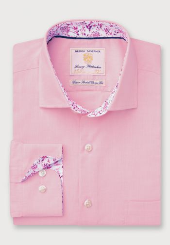 Regular and Tailored Fit Pink Herringbone Cotton Stretch Shirt