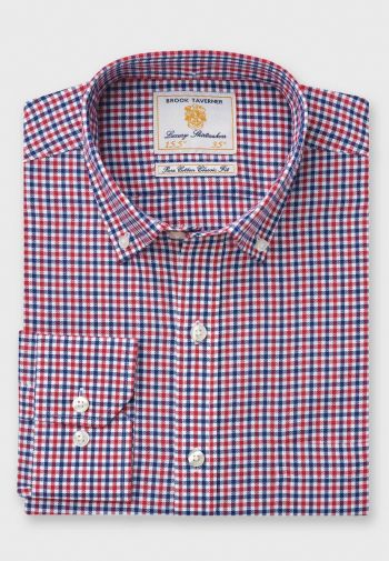 Regular and Tailored Fit Navy and Red Check Stretch Cotton Oxford Shirt