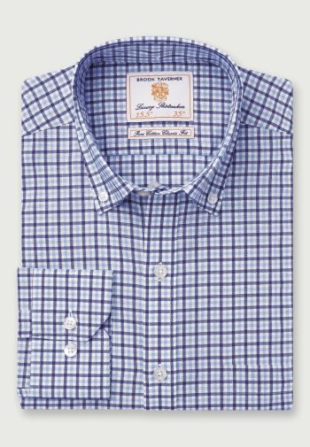 Regular and Tailored Fit Navy and Sky Blue Check Stretch Cotton Oxford Shirt