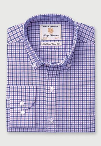 Regular and Tailored Fit Navy and Lilac Check Cotton Oxford Shirt