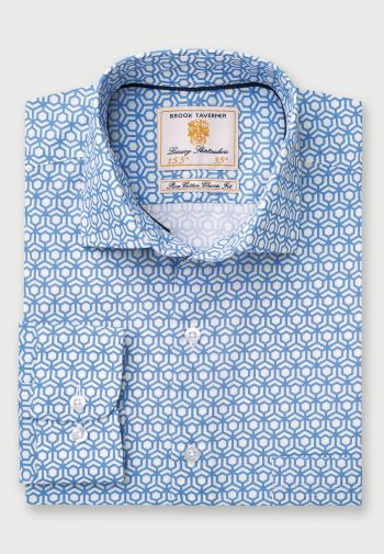 White and Sky Blue Geometric Print Cotton Poplin Shirt