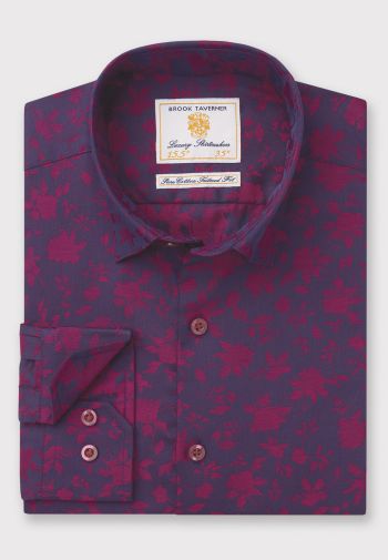 Tailored Fit Navy with Wine Foliage Jacquard Cotton Shirt