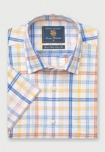 Regular Fit Blue Check Linen Cotton Short Sleeve Shirt