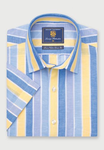 Regular Fit Yellow Stripe Linen Cotton Short Sleeve Shirt