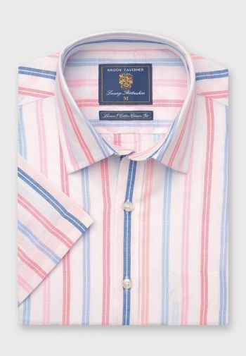 Regular Fit Rose Stripe Linen Cotton Short Sleeve Shirt