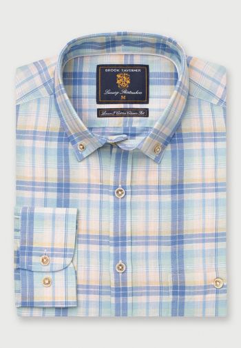 Regular and Tailored Fit Blue Check Linen Cotton Shirt