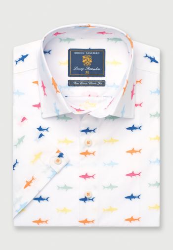 Regular Fit White with Sharks Cotton Short Sleeve Shirt