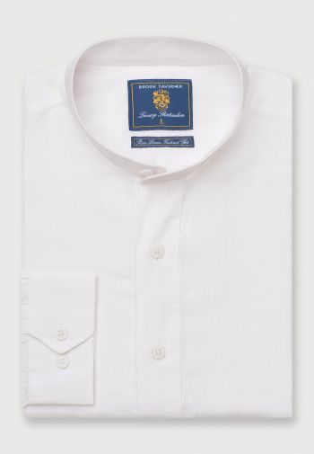 Tailored Fit White Linen Grandad Collar Popover Shirt