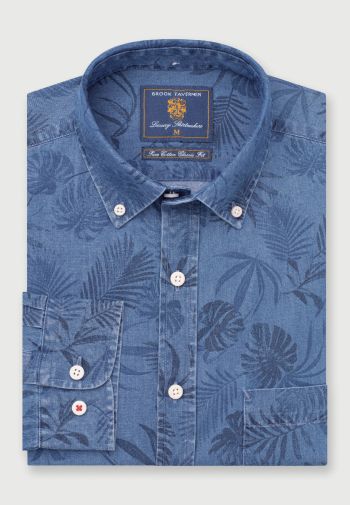 Regular Fit Indigo Palm Print Chambray Cotton Shirt