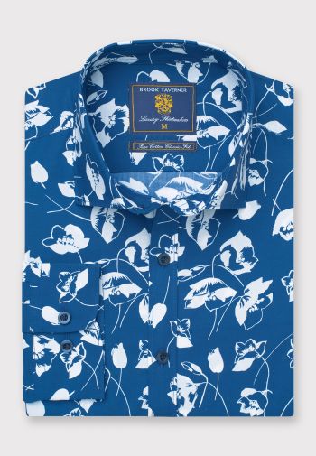 Regular Fit Navy and Ecru Tropical Flower Print Cotton Shirt