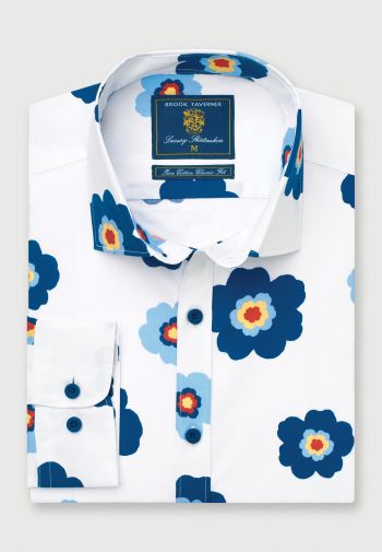 Regular Fit Ecru with Blue Flower Print Cotton Shirt