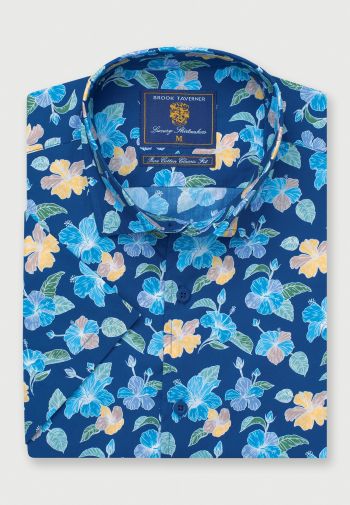Regular Fit Navy Flower Print Short Sleeve Cotton Shirt