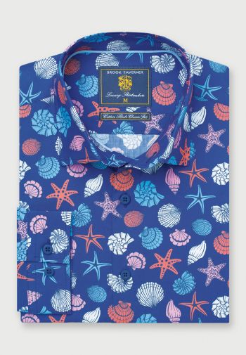 Regular Fit Deep Blue Shells Print REPREVE® Cotton Shirt