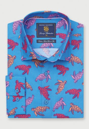 Regular Fit Sea Blue Turtles Print REPREVE® Cotton Shirt