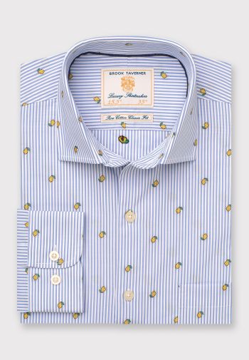 Tailored Fit Blue Stripe with Lemons Design Cotton Shirt