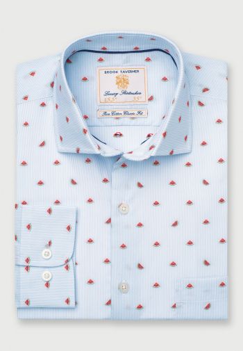 Regular Fit Sky Blue Fine Stripe with Watermelon Design Cotton Shirt