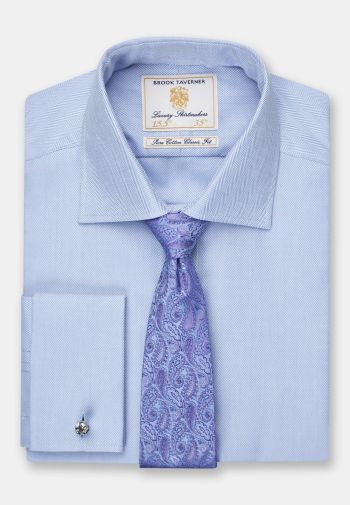 Regular and Tailored Fit Single and Double Cuff Blue Herringbone Cotton Shirt