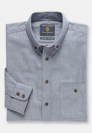 Blue Herringbone Brushed Flannel 'Soft Touch' Cotton Shirt