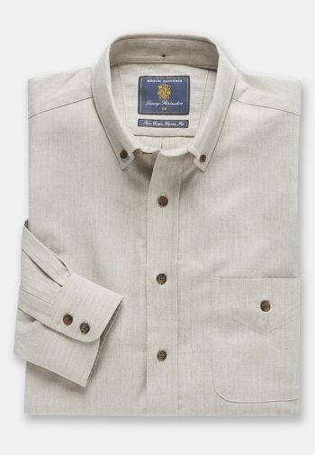 Stone Herringbone Brushed Flannel 'Soft Touch' Cotton Shirt