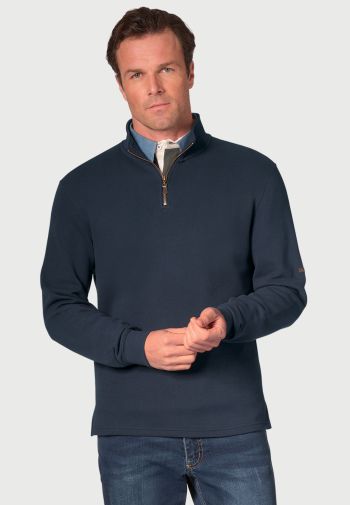 Ambrose Navy Pure Cotton Zip Neck Sweatshirt
