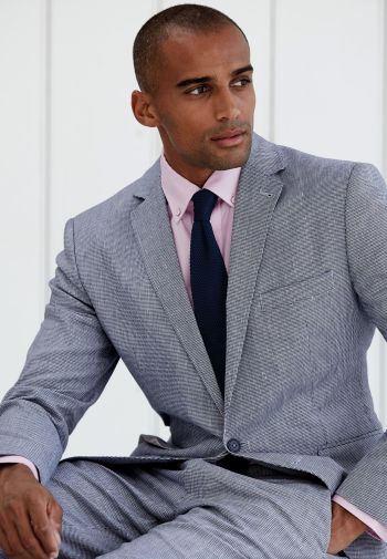 Tailored Fit Blue Puppytooth Cotton Linen Suit - Waistcoat Optional