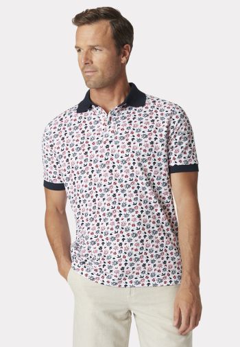 Bruton Garment Washed Red and Navy Flower Print Pique Polo Shirt
