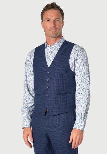 Regular Fit Calder Blue Puppytooth Check Wool Rich Suit Waistcoat