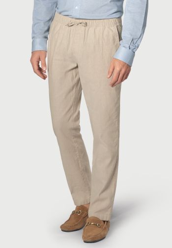 Regular Fit Cowdrey Stone Linen Cotton Stretch Drawcord Trouser